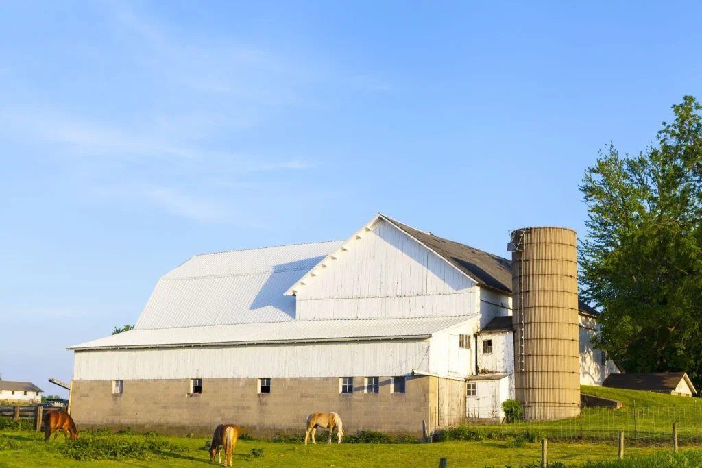 Barn kit horse barns Montana property with a white livestock barn, silo, and horses grazing in a fenced pasture.